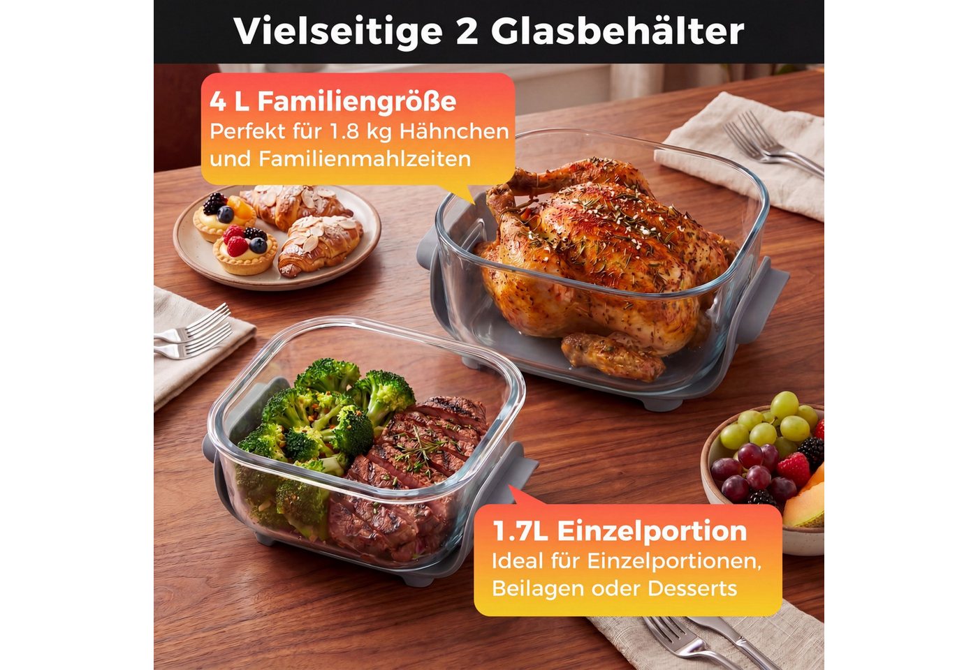 COSTWAY Heißluftfritteuse, 1500 W, Airfryer mit 4 L/1,7 L Glasbehälter, Deckel Bild 2