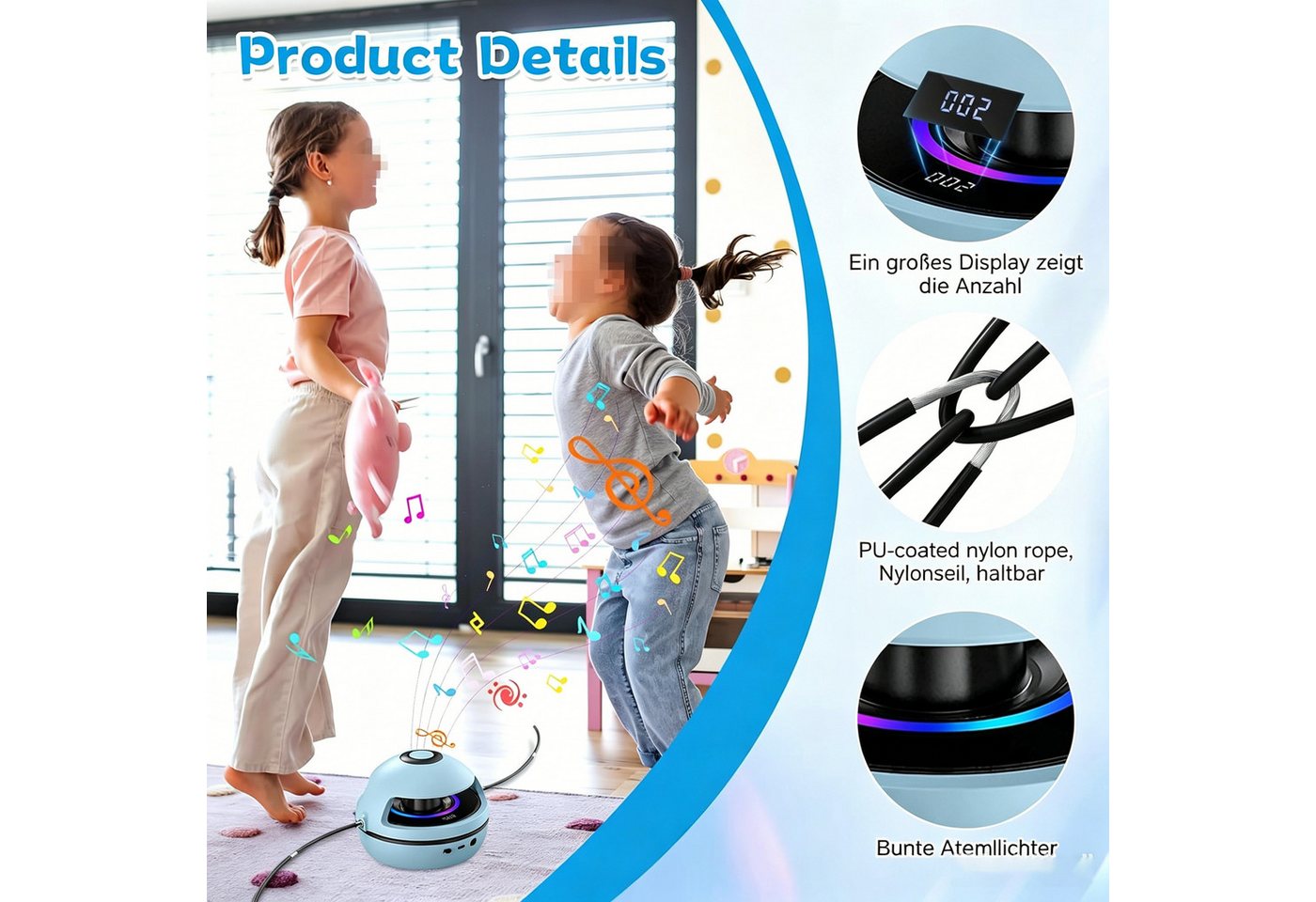 ibettertec Springseil Elektrisches Springseil mit LED-Display, Bluetooth-Musikfunktion, 10 Geschwindigkeitsstufen, RGB-Lichteffekten und Zählerfunktion Bild 3