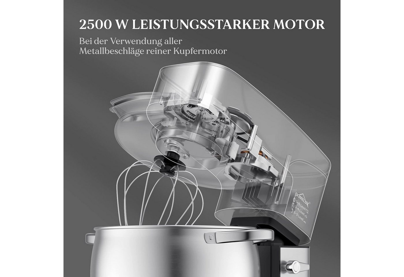 HOMELUX Küchenmaschine SC-667, 2500 W, 12 l Schüssel, inkl 3-Teiligem Patisserie-Set und Spritzschutz, mit Edelstahlschüssel Bild 2