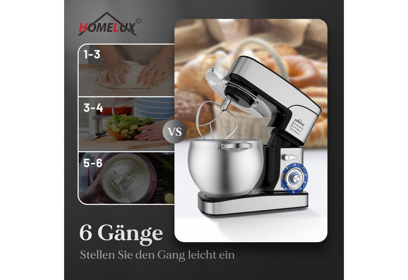 HOMELUX Küchenmaschine SC-667, 2500 W, 12 l Schüssel, inkl 3-Teiligem Patisserie-Set und Spritzschutz, mit Edelstahlschüssel Bild 3