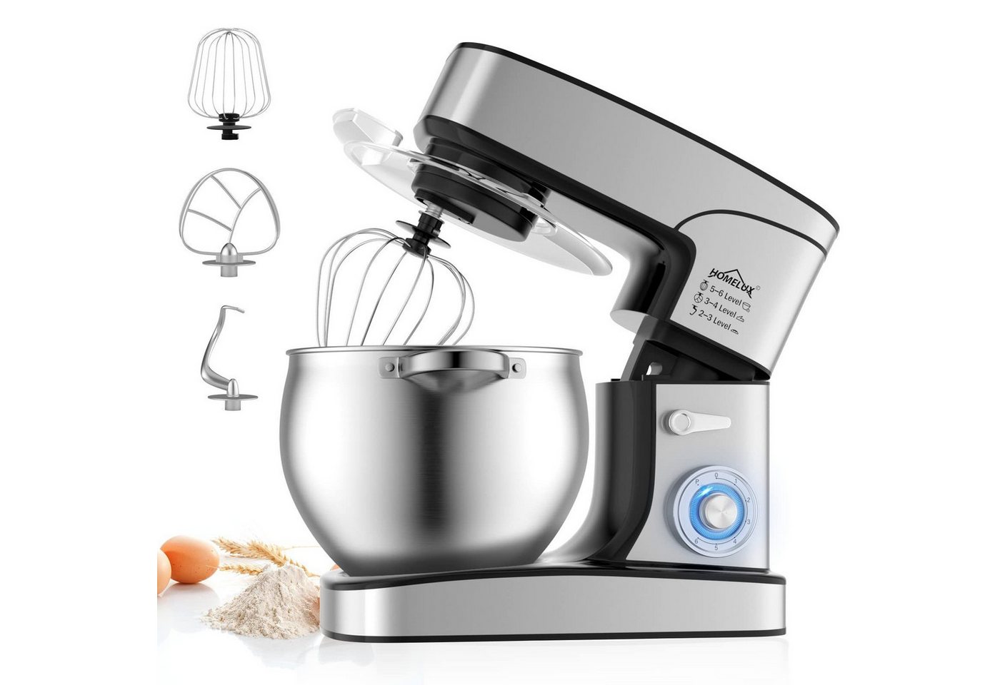 HOMELUX Küchenmaschine SC-667, 2500 W, 12 l Schüssel, inkl 3-Teiligem Patisserie-Set und Spritzschutz, mit Edelstahlschüssel Bild 4