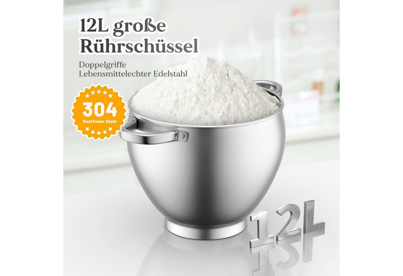 HOMELUX Küchenmaschine SC-667, 2500 W, 12 l Schüssel, inkl 3-Teiligem Patisserie-Set und Spritzschutz, mit Edelstahlschüssel Bild 5