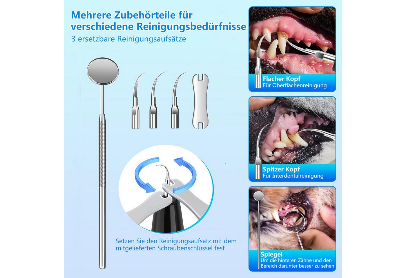 Futicare Zahnpflege-Set Ultraschall-Zahnreiniger für Hunde/Katzen 5 Modi & 3 Köpfe, IPX7 wasserdicht (1500mAh)​ Bild 3