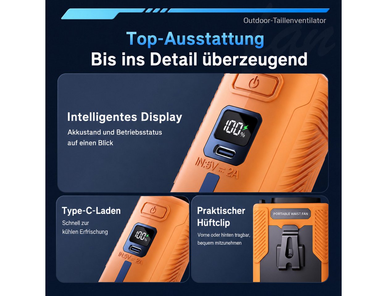 nsihing Mini USB-Ventilator Gürtelventilator 3-in-1, Mini-Ventilatoren Akku 6000 mAh, 100 Stufen, Tischständer, Powerbank & Extra Lange Laufzeit