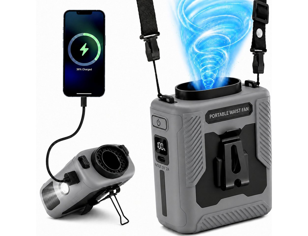 nsihing Mini USB-Ventilator Gürtelventilator 3-in-1, Mini-Ventilatoren Akku 6000 mAh, 100 Stufen, Tischständer, Powerbank & Extra Lange Laufzeit Bild 3