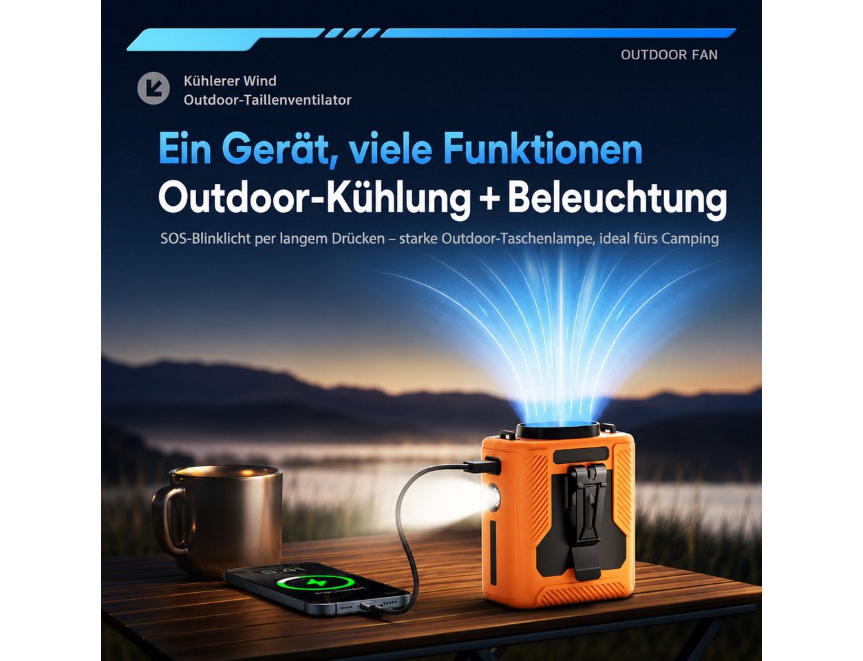 nsihing Mini USB-Ventilator Gürtelventilator 3-in-1, Mini-Ventilatoren Akku 6000 mAh, 100 Stufen, Tischständer, Powerbank & Extra Lange Laufzeit Bild 4