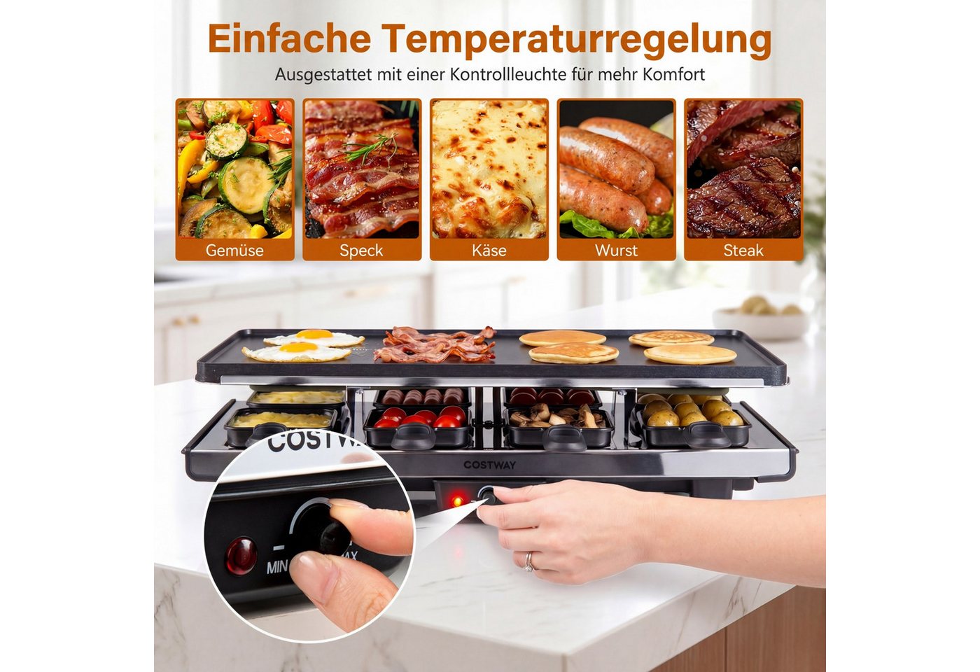 COSTWAY Raclette, 8 Raclettepfännchen, 1400 W, wendbarer Antihaft-Grillplatte