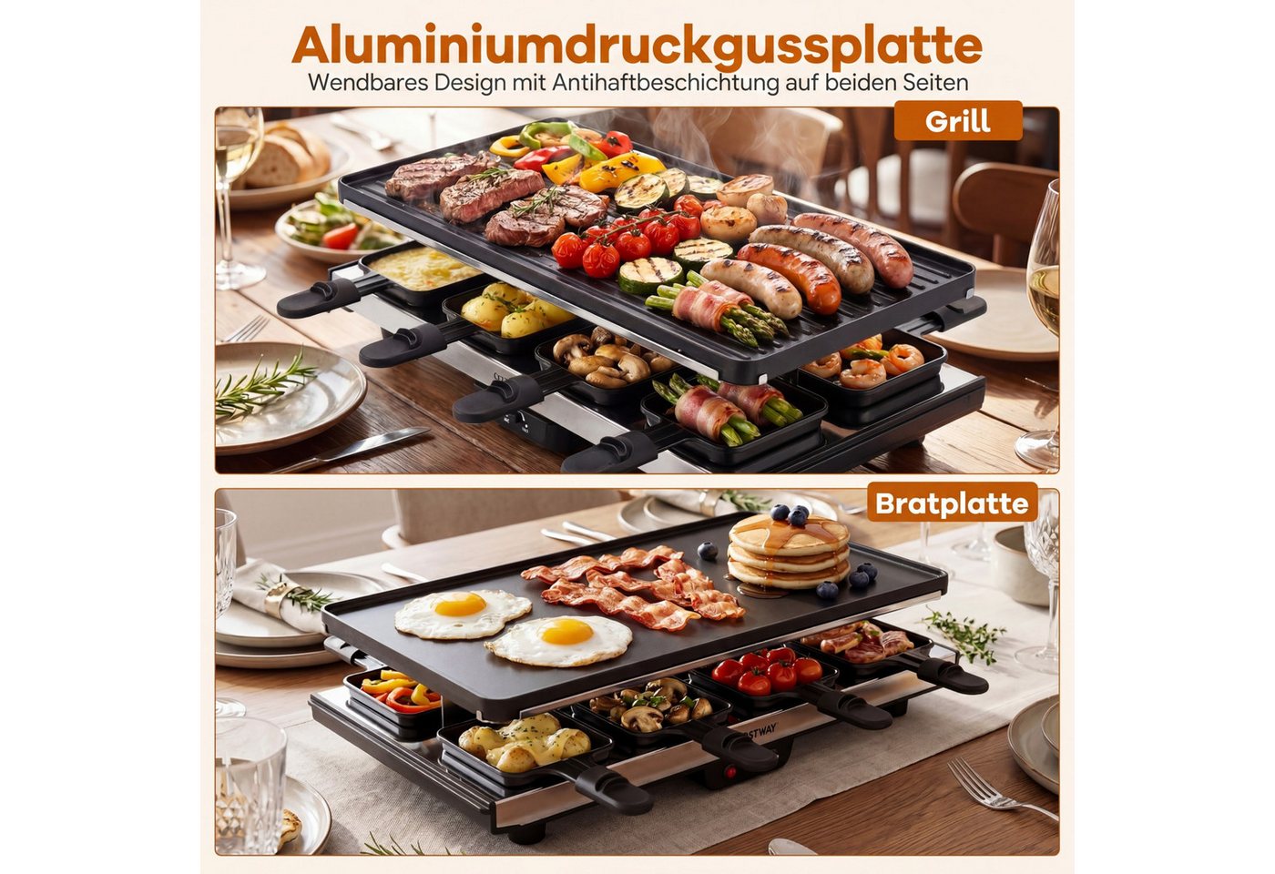 COSTWAY Raclette, 8 Raclettepfännchen, 1400 W, wendbarer Antihaft-Grillplatte Bild 2