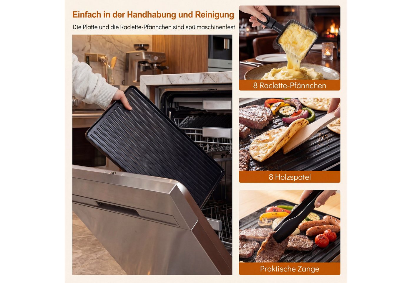 COSTWAY Raclette, 8 Raclettepfännchen, 1400 W, wendbarer Antihaft-Grillplatte Bild 4