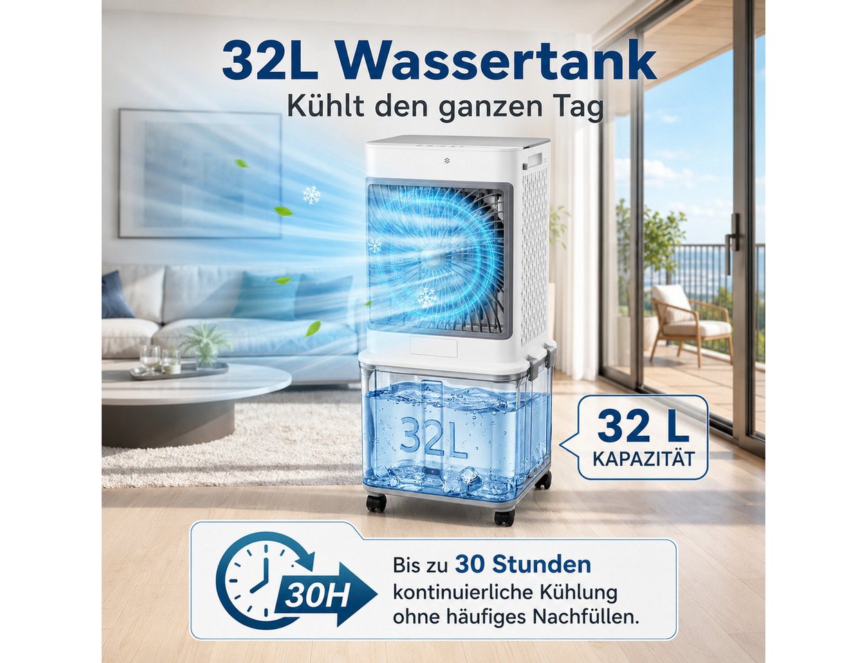 Lapamax Ventilatorkombigerät Mobiler Luftkühler mit 32-L-Wassertank, 120° Oszillation, 70 W mobil, Ventilator ohne Abluftschlauch, mit Fernbedienung, Touchpanel