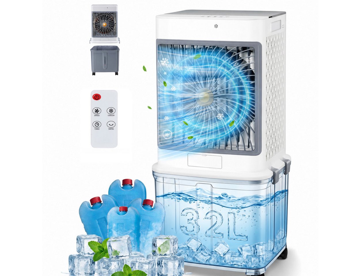 Lapamax Ventilatorkombigerät Mobiler Luftkühler mit 32-L-Wassertank, 120° Oszillation, 70 W mobil, Ventilator ohne Abluftschlauch, mit Fernbedienung, Touchpanel Bild 3