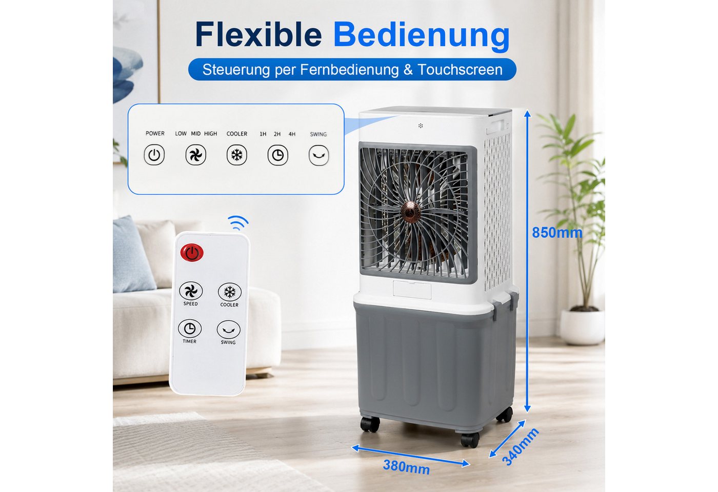 Lapamax Ventilatorkombigerät Mobiler Luftkühler mit 32-L-Wassertank, 120° Oszillation, 70 W mobil, Ventilator ohne Abluftschlauch, mit Fernbedienung, Touchpanel Bild 4