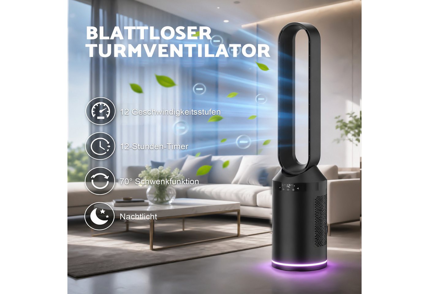 Rebonique Turmventilator Blattloser Ventilator mit Fernbedienung Standventilator sehr Leise, Tower-Ventilator 2 Modi, Nachtlicht, 70° Oszillation, 12H Timer
