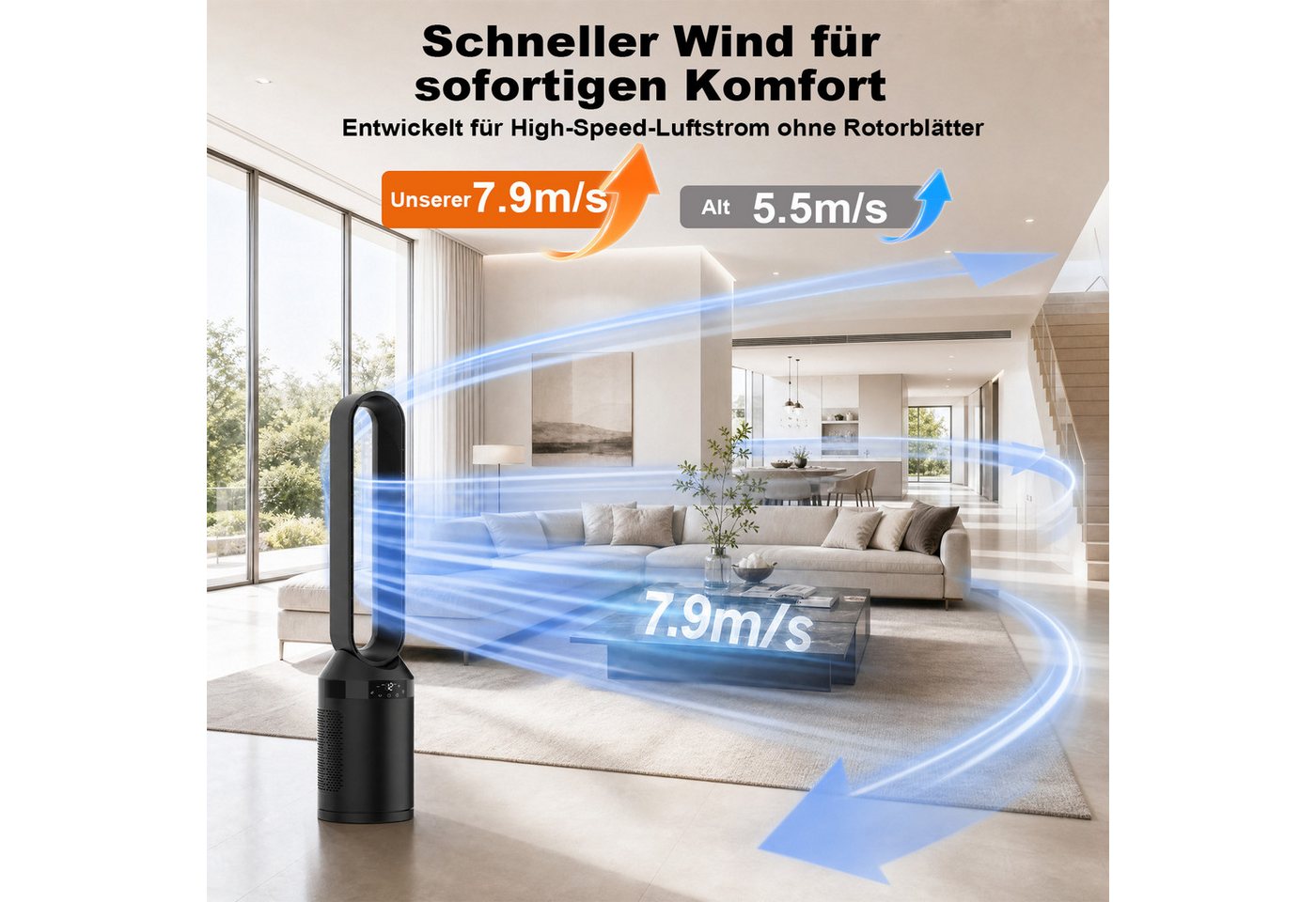 Rebonique Turmventilator Blattloser Ventilator mit Fernbedienung Standventilator sehr Leise, Tower-Ventilator 2 Modi, Nachtlicht, 70° Oszillation, 12H Timer Bild 4