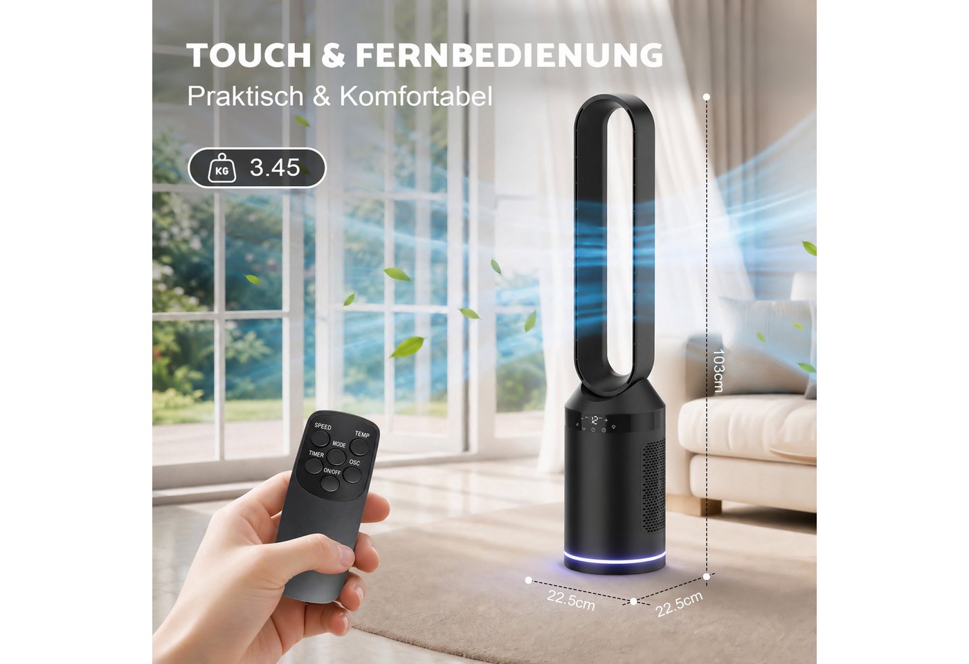Rebonique Turmventilator Blattloser Ventilator mit Fernbedienung Standventilator sehr Leise, Tower-Ventilator 2 Modi, Nachtlicht, 70° Oszillation, 12H Timer Bild 5