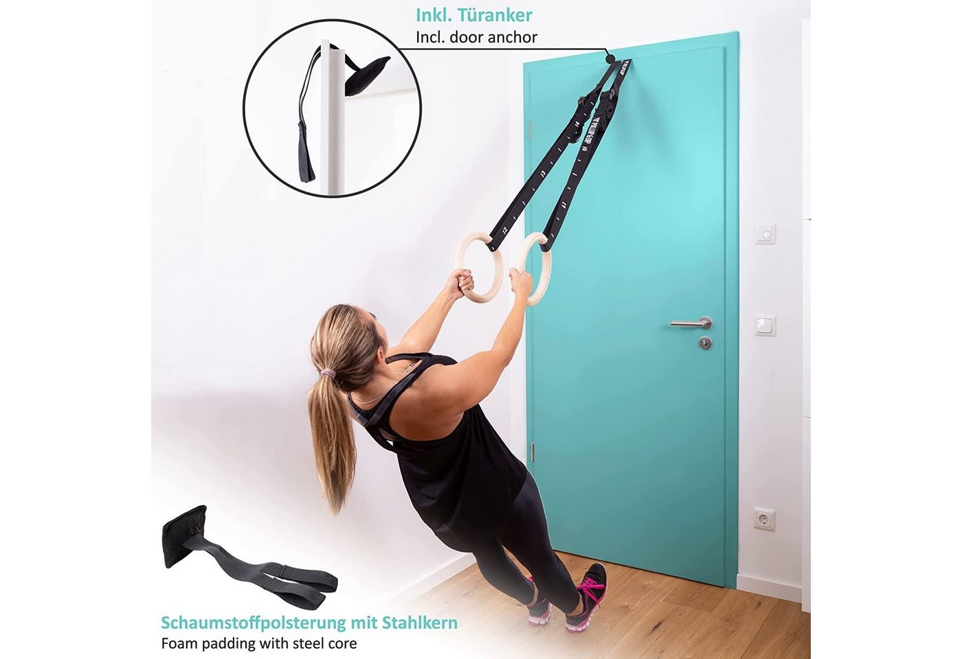 Pullup & Dip Turnring Premium Turnringe Holz, Gym Rings Gymnastikringe (Set, eBook mit über 45 Übungen als PDF) Bild 5