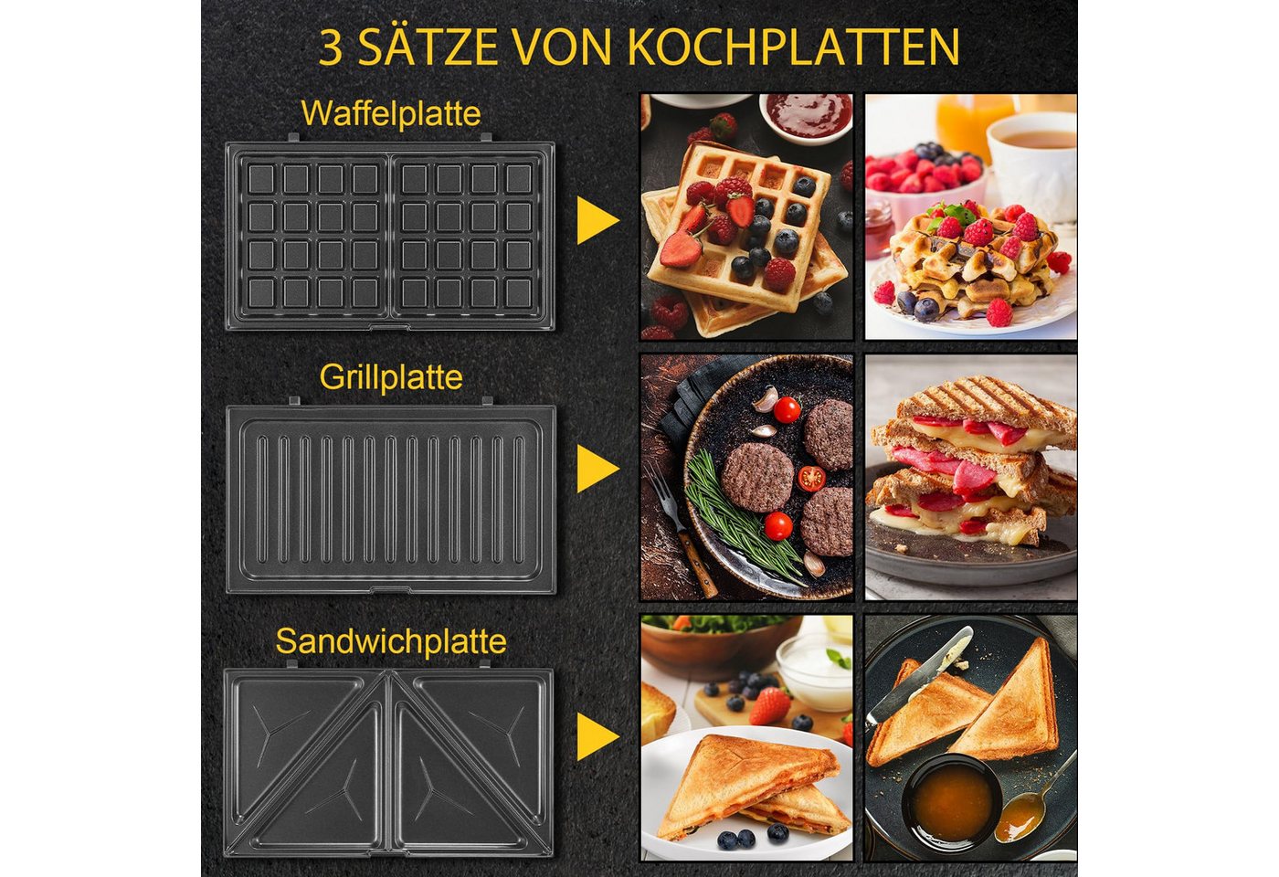 ibettertec 3-in-1-Kombi-Waffeleisen Waffeleisen, Sandwichmaker 3 in 1, Multifunktionsgerät Doppel, 760,00 W, 3 Abnehmbare Platten, Antihaftbeschichtung, LED-Leuchten Bild 2
