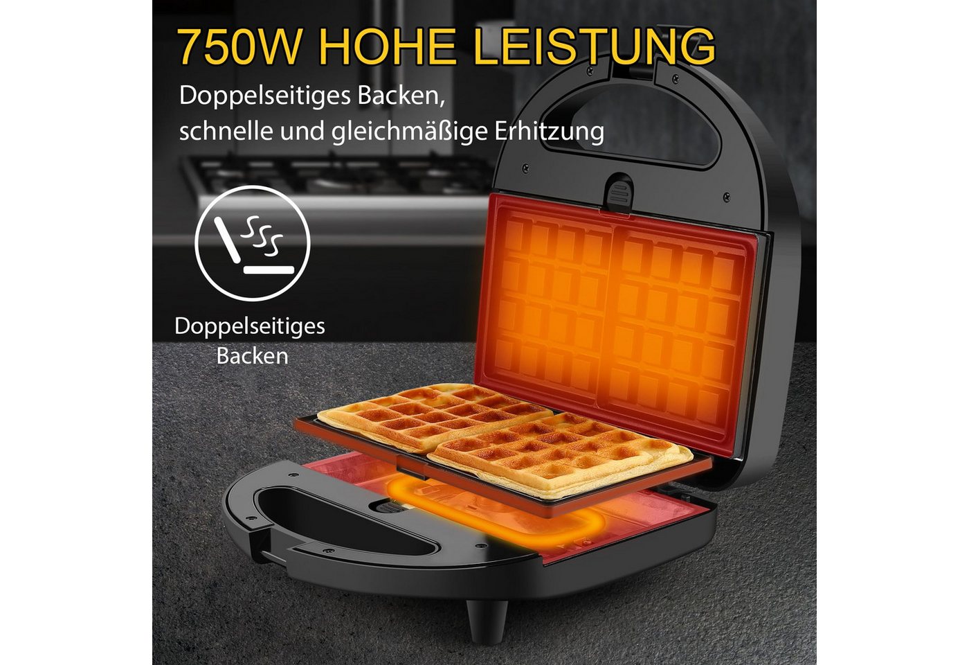 ibettertec 3-in-1-Kombi-Waffeleisen Waffeleisen, Sandwichmaker 3 in 1, Multifunktionsgerät Doppel, 760,00 W, 3 Abnehmbare Platten, Antihaftbeschichtung, LED-Leuchten Bild 4