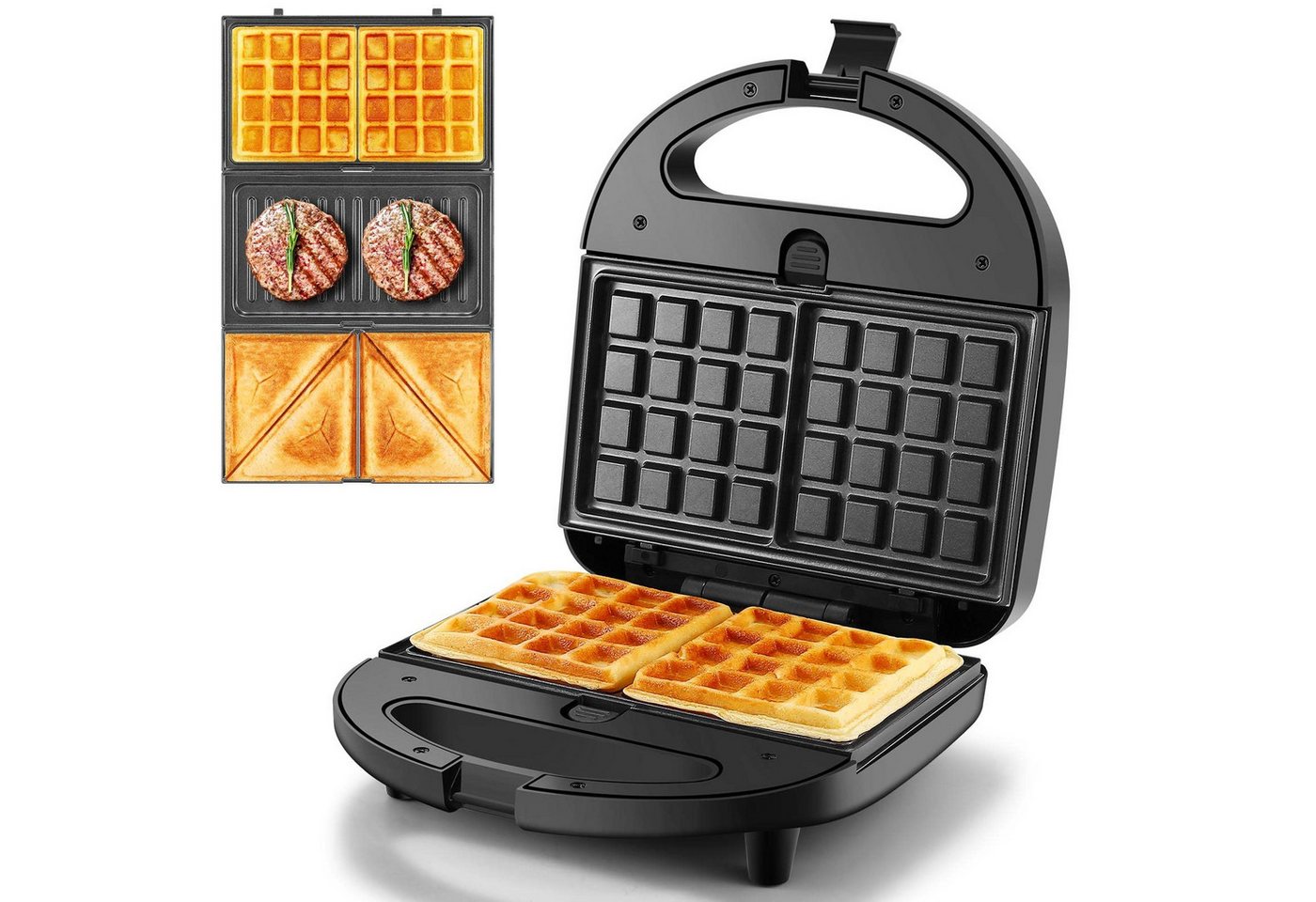 ibettertec 3-in-1-Kombi-Waffeleisen Waffeleisen, Sandwichmaker 3 in 1, Multifunktionsgerät Doppel, 760,00 W, 3 Abnehmbare Platten, Antihaftbeschichtung, LED-Leuchten Bild 5