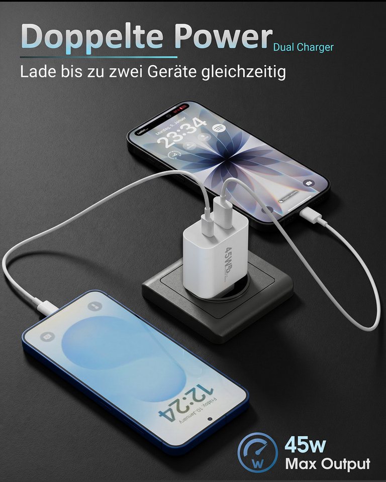 GreenHec 45w Schnellladegerät USB C Charger für Samsung S25 S24 S23 iPhone Schnelllade-Gerät (Spar-Set, 45w USB-C + USB-A Dual Charger (2er Pack), Netzteil Stecker Adapter Tablet Handy Google Dual Doppel Ladegerät) Bild 5