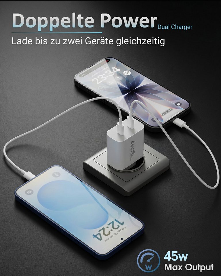 GreenHec 45w USB C Schnellladegerät für Samsung Galaxy S26 S25 S24 S23 S22 Fast Schnelllade-Gerät (50 mA, Spar-Set, 45w USB-C Dual Charger + USB-C Kabel, S26+ Ultra Schnellladekabel Ladegerät Handy Charger Netzteil Dual Port) Bild 2