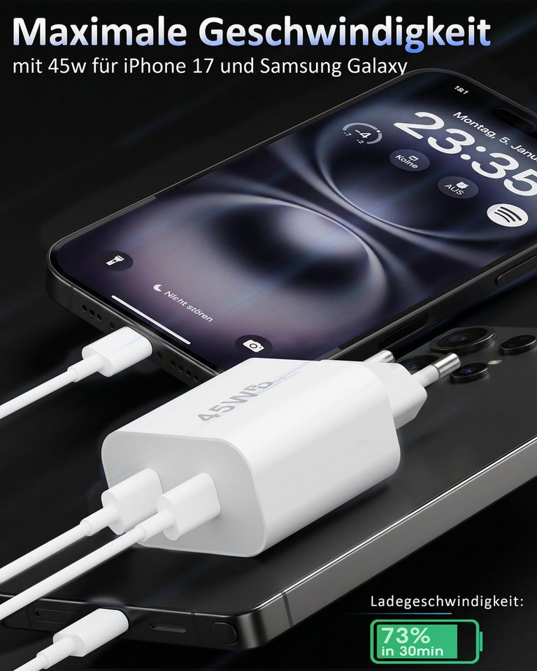 GreenHec 45w USB C Schnellladegerät für Samsung Galaxy S26 S25 S24 S23 S22 Fast Schnelllade-Gerät (50 mA, Spar-Set, 45w USB-C Dual Charger + USB-C Kabel, S26+ Ultra Schnellladekabel Ladegerät Handy Charger Netzteil Dual Port) Bild 3