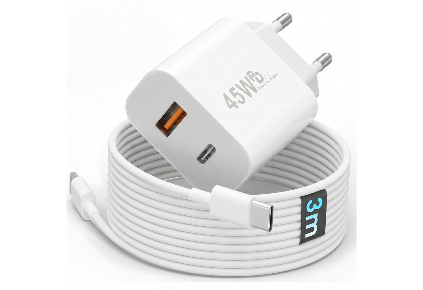 GreenHec 45w Schnellladegerät USB C Charger für Samsung S26 S25 S24 S23 iPhone Schnelllade-Gerät (50 mA, Spar-Set, 45w USB-C + USB-A Dual Charger + USB-C Kabel, 17 16 15 14 13 12 11 Pro Max Air Netzteil + USB-C Ladekabel 1m 2m 3m) Bild 3