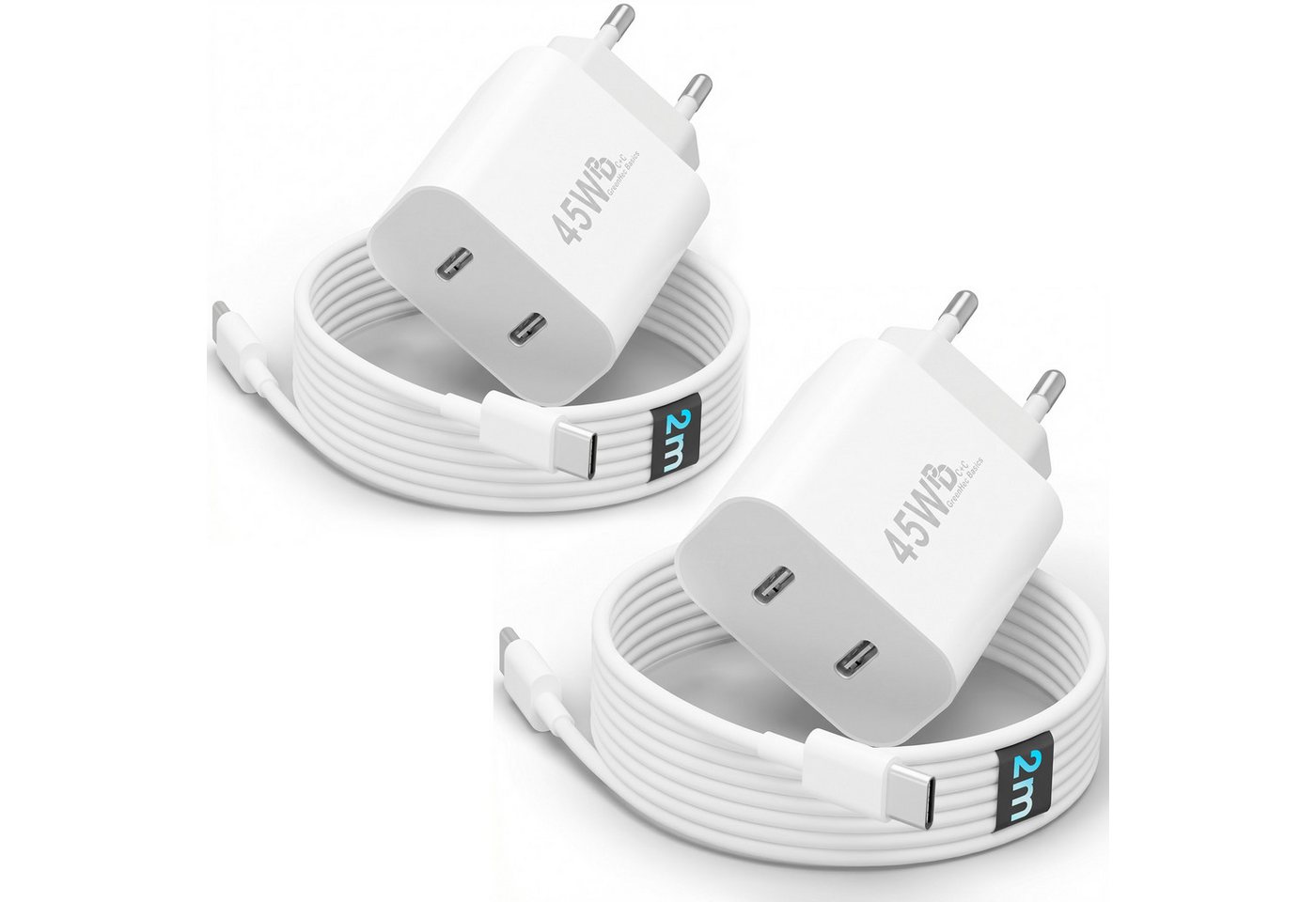 GreenHec USB C Schnellladegerät 45w Samsung Galaxy S26 S25 S24 S23 S22 S21 Fast Schnelllade-Gerät (Spar-Set, 45w USB-C Dual Charger (2er Pack) + 2m Kabel (2er Pack), S26+ Ultra FE Ladegeräte USBC Handy Charger Netzteil Adapter Zubehör) Bild 3
