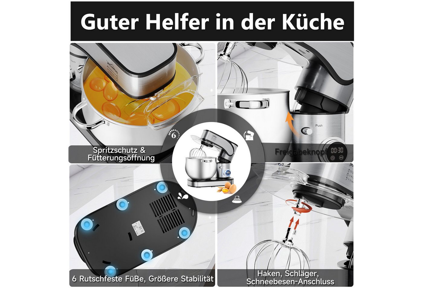 HOMELUX Küchenmaschine SC-603E, 2500 W, 12 l Schüssel, inkl 4-Teiligem Patisserie-Set und Spritzschutz, Edelstahlschüssel