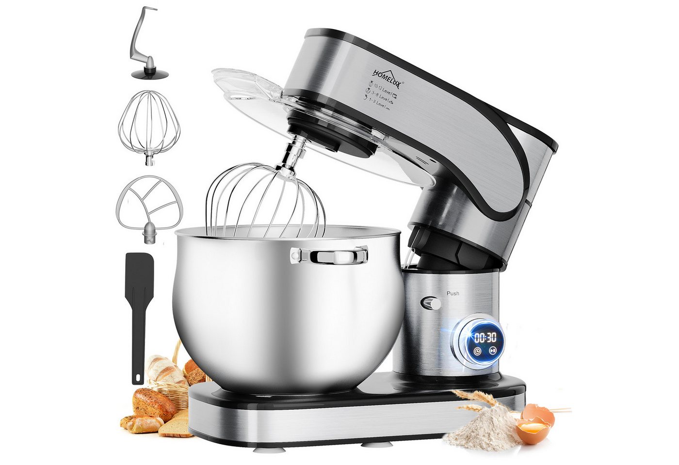 HOMELUX Küchenmaschine SC-603E, 2500 W, 12 l Schüssel, inkl 4-Teiligem Patisserie-Set und Spritzschutz, Edelstahlschüssel Bild 2