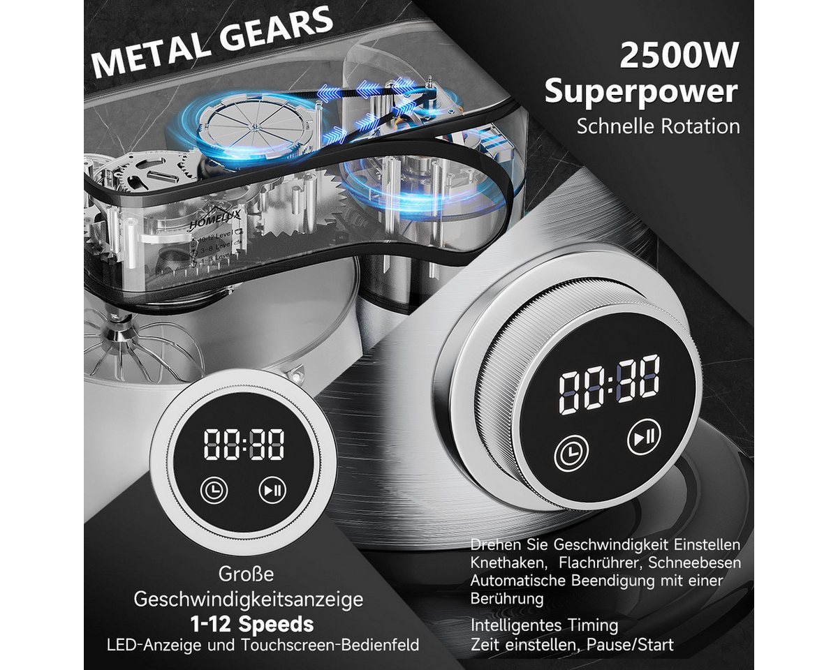 HOMELUX Küchenmaschine SC-603E, 2500 W, 12 l Schüssel, inkl 4-Teiligem Patisserie-Set und Spritzschutz, Edelstahlschüssel Bild 3