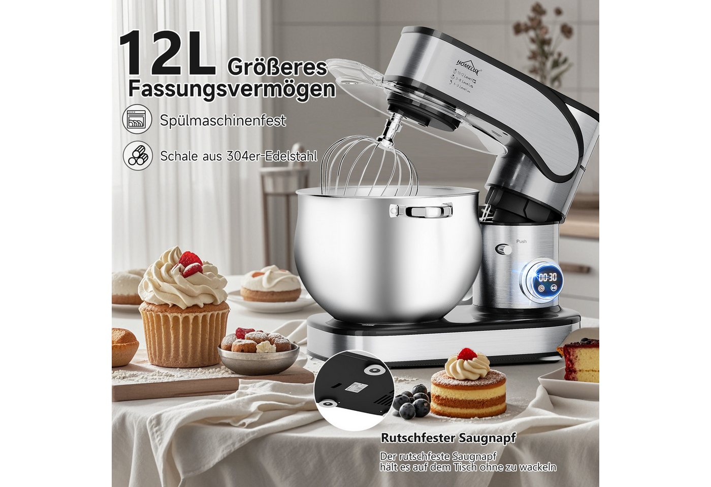 HOMELUX Küchenmaschine SC-603E, 2500 W, 12 l Schüssel, inkl 4-Teiligem Patisserie-Set und Spritzschutz, Edelstahlschüssel Bild 4
