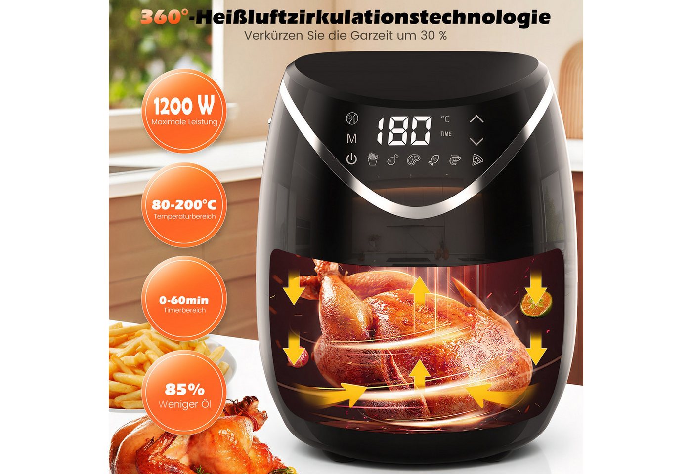 oyajia Heißluftfritteuse 2,8 l kleiner digitaler Airfryer, 6 Programme, platzsparend, kompakt, zum Backen, Aufwärmen, Braten für schnelle und einfache Mahlzeiten, 1200 W, Mini, kompakt und leise, antihaftbeschichtet, spülmaschinenfest Bild 3