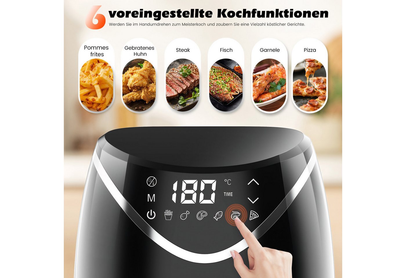 oyajia Heißluftfritteuse 2,8 l kleiner digitaler Airfryer, 6 Programme, platzsparend, kompakt, zum Backen, Aufwärmen, Braten für schnelle und einfache Mahlzeiten, 1200 W, Mini, kompakt und leise, antihaftbeschichtet, spülmaschinenfest Bild 4