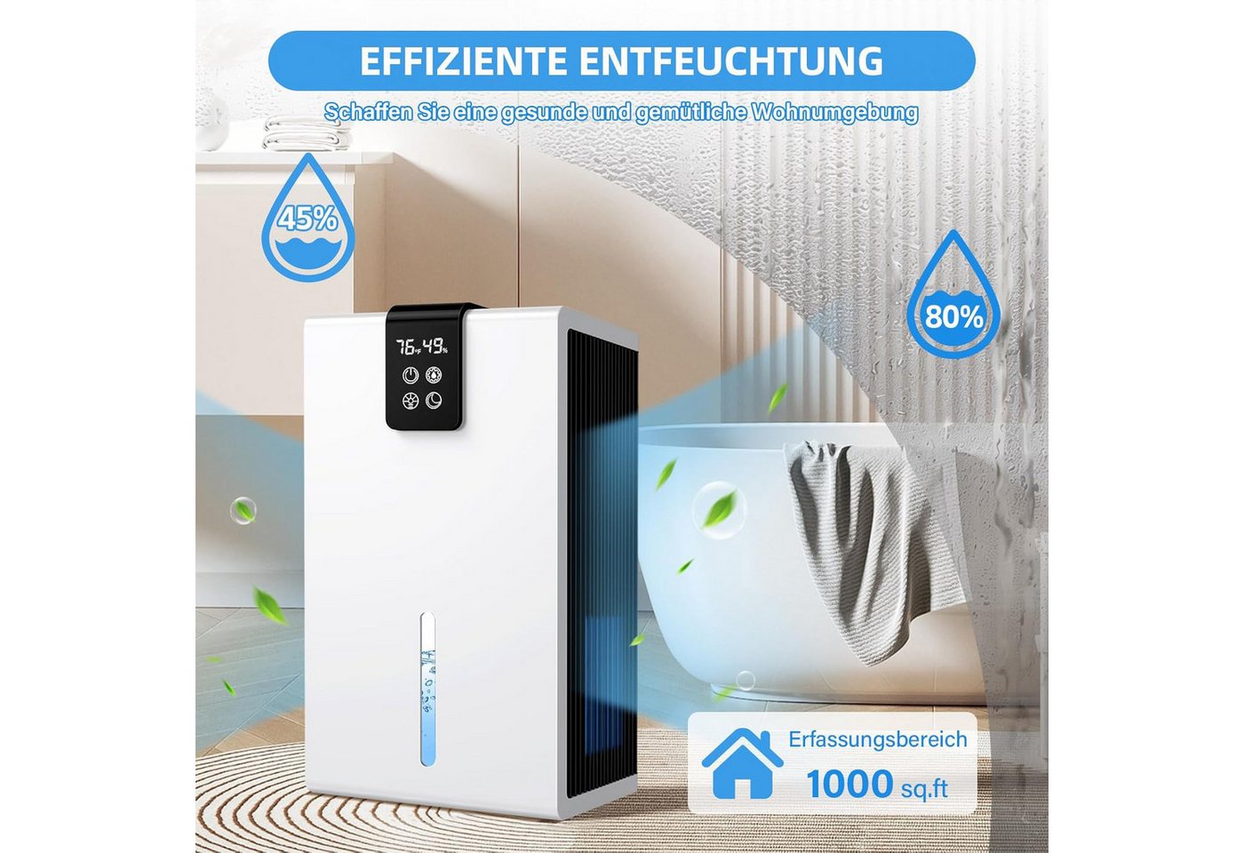 MOPUEA Luftentfeuchter Luftentfeuchter 2,8L mit LED, leise Schlafmodus, Auto Abschaltung, für 125 m³ Räume, Entfeuchtung 1 l/Tag, Automatische Abschaltung, leise im Nachtmodus, tragbar für Bad & Küche