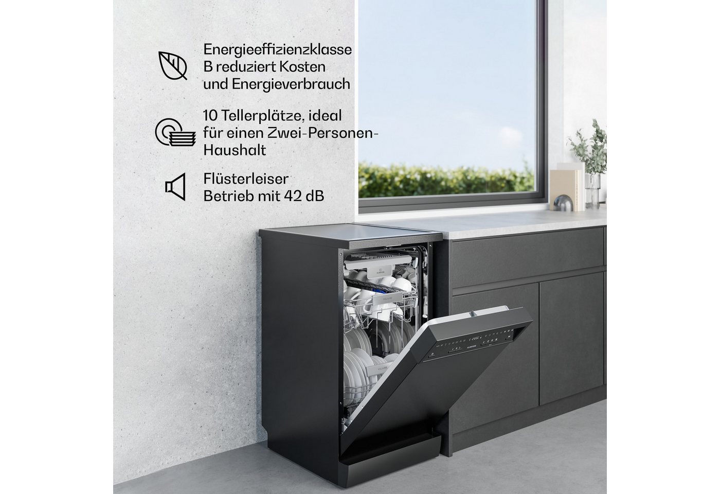 Klarstein Standgeschirrspüler Velaire Geschirrspüler freistehend 45 cm 9 Programme 42 dB AquaStop 10047461, 9 l, Spülmaschine Standgeschirrspüler mit Selbstreinigung & 9 Programmen Bild 2