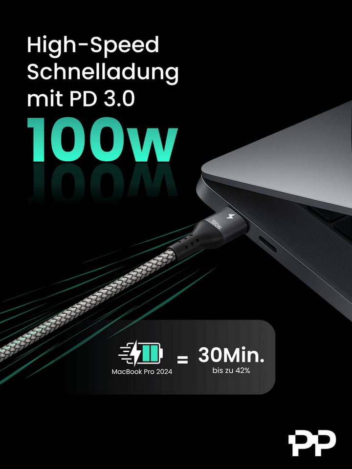 ProfiPatch ProfiPatch USB C Kabel 100W PD 3.0 5A E-Mark Chip 3m grau Goldkontakt USB-Kabel