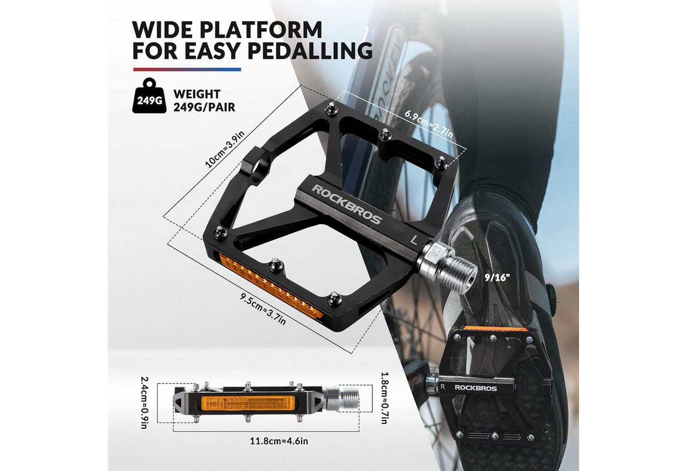 ROCKBROS Fahrradpedale mit Reflektoren Platform Pedale aus Aluminiumlegierung (Rennrad, BMX, E-Bike, 1-tlg., Antirutsch Ultraleicht 9/16 Zoll Fahrrad Pedale für MTB) Bild 3