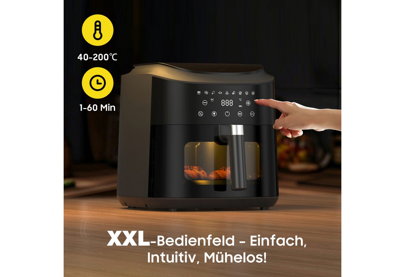 AIMAX Heißluftfritteuse 9 Liter, XL Airfryer mit Sichtfenster, Touchscreen, 360° Heißluft-Technologie, 2350 W, Sichtfenster mit Licht, LED-Anzeige, 9 Programmen, Ohne Öl Bild 3