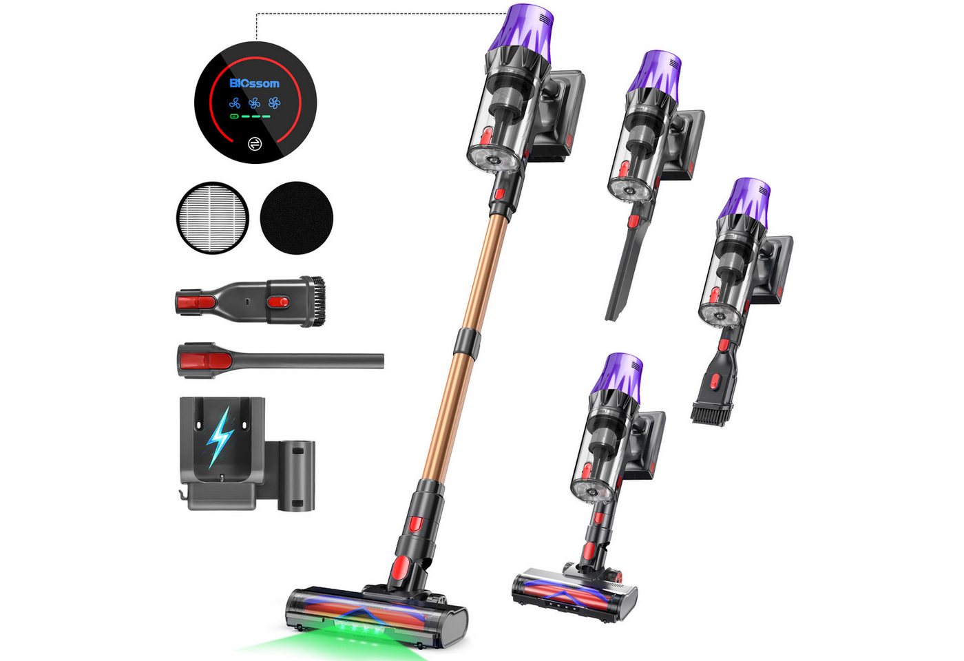 Blossom Akku-Hand-und Stielstaubsauger Akku Staubsauger Staubsauger Kabellos 85000Pa/70Min/2,1L, 700 W, beutellos, 52dB leise/6-Stufen-Filter/OLED Display,Ideal für Böden/Teppiche/Auto Bild 3