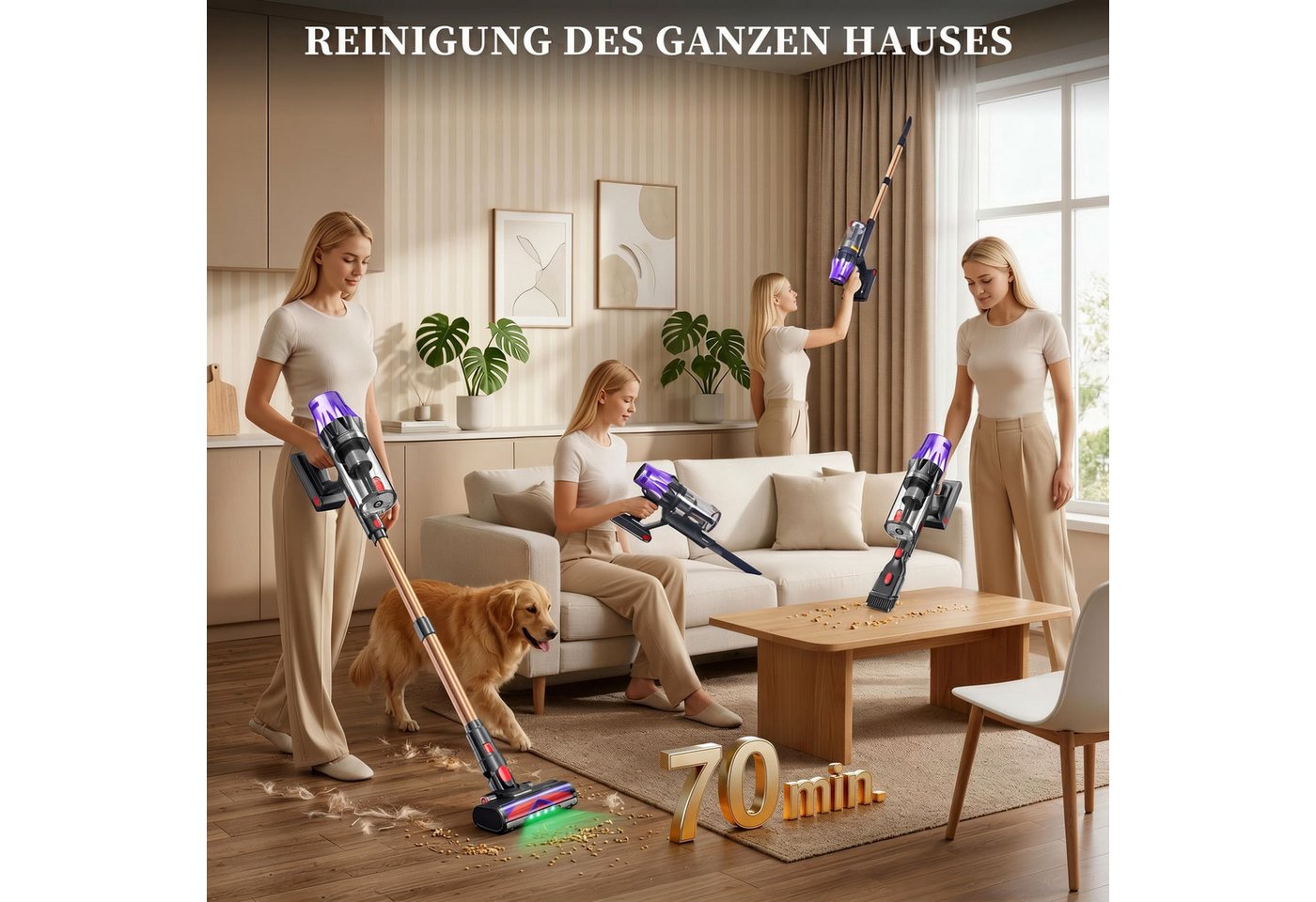 Blossom Akku-Hand-und Stielstaubsauger Akku Staubsauger Staubsauger Kabellos 85000Pa/70Min/2,1L, 700 W, beutellos, 52dB leise/6-Stufen-Filter/OLED Display,Ideal für Böden/Teppiche/Auto Bild 4