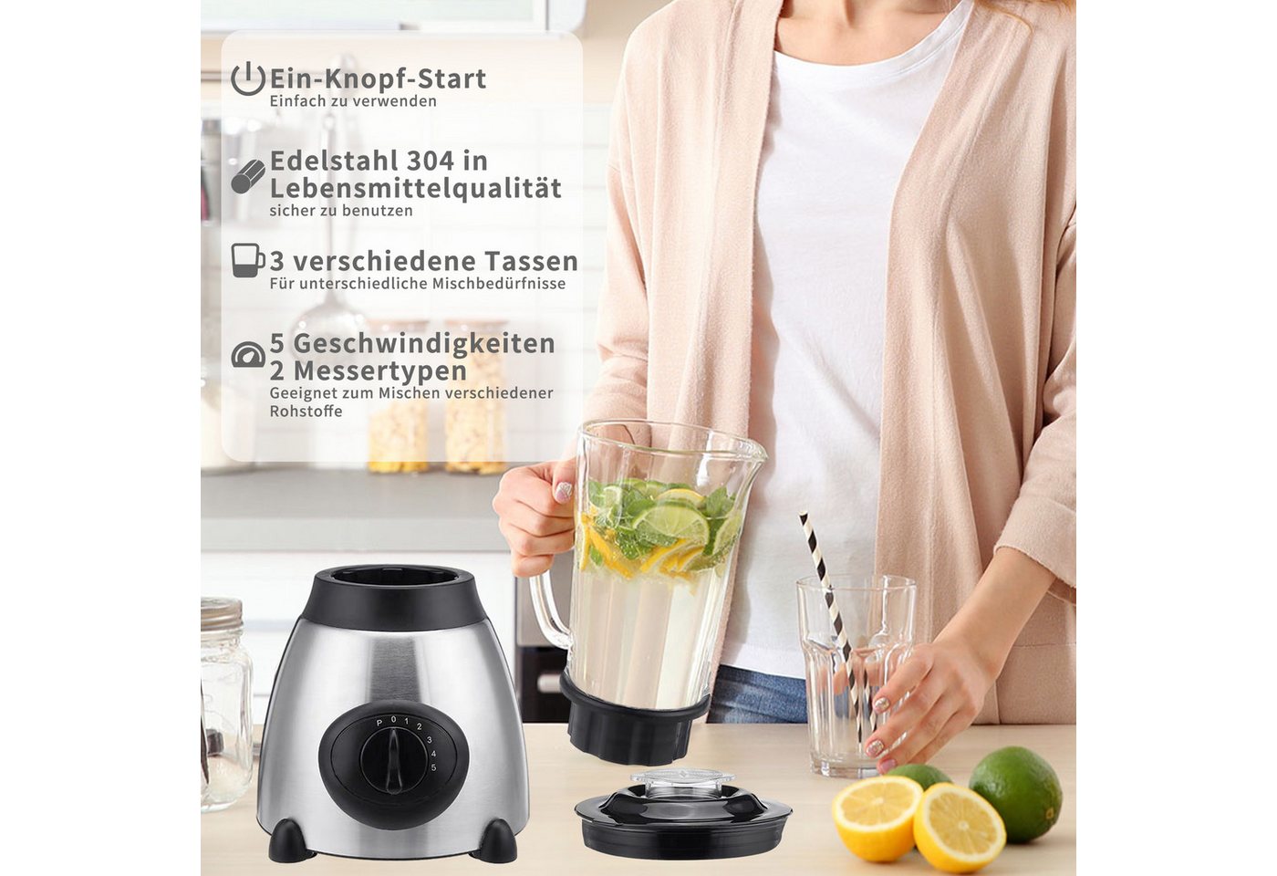 Forrlite Standmixer 2026 Neu Standmixer,Mixer VitaBoost,Edelstahl Silber Glas Smoothie, 2000 W, Maker,Milchshaker Blender 1,5 L,Eiscrusher,6-Klingen für Ice Püree Bild 2