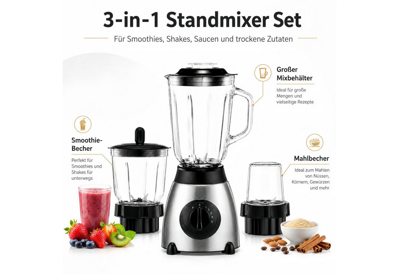 Forrlite Standmixer 2026 Neu Standmixer,Mixer VitaBoost,Edelstahl Silber Glas Smoothie, 2000 W, Maker,Milchshaker Blender 1,5 L,Eiscrusher,6-Klingen für Ice Püree Bild 3