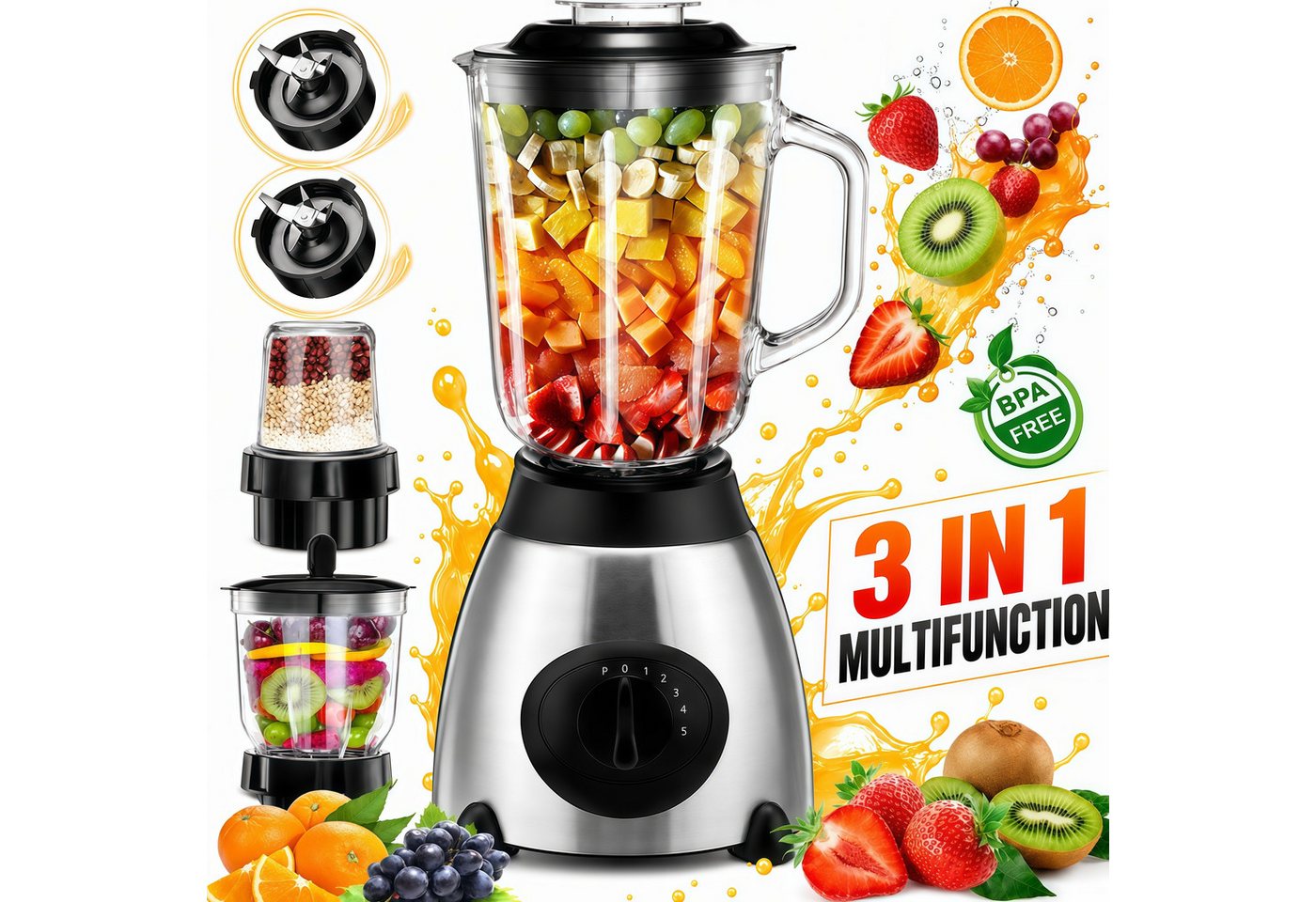 Forrlite Standmixer 2026 Neu Standmixer,Mixer VitaBoost,Edelstahl Silber Glas Smoothie, 2000 W, Maker,Milchshaker Blender 1,5 L,Eiscrusher,6-Klingen für Ice Püree Bild 4