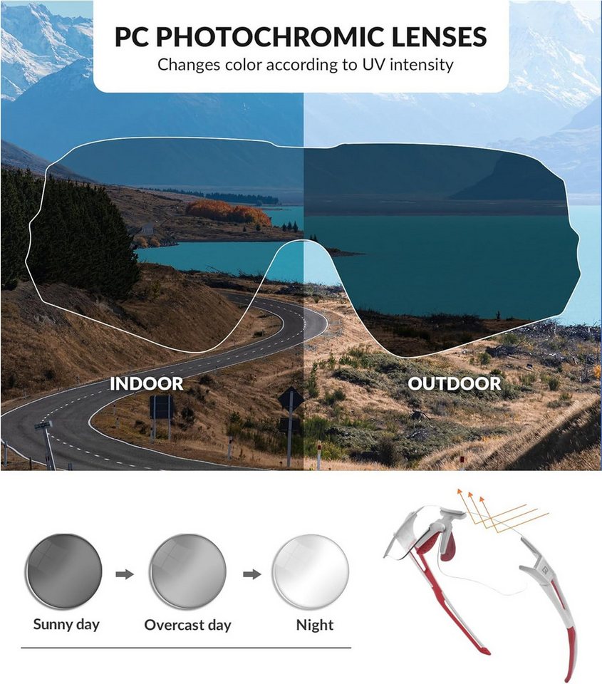 ROCKBROS Fahrradbrille Photochrome Fahrradbrille für Damen Herren, UV400 Schutz für Outdoor