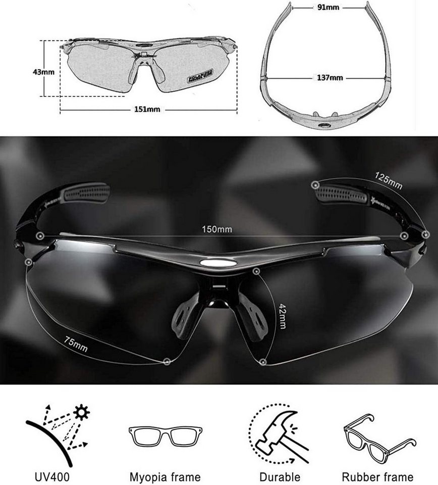 ROCKBROS Fahrradbrille Polarisierte Fahrradbrille mit 5 Wechselgläsern Damen Herren Radsport Bild 5
