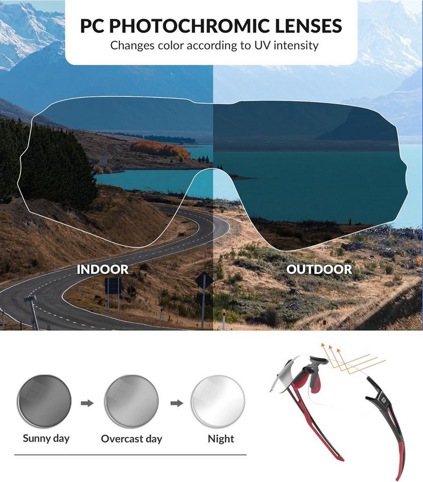 ROCKBROS Fahrradbrille Photochrome Fahrradbrille Damen Herren mit UV400 Schutz für Radsport Bild 5