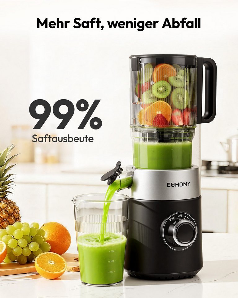 EUHOMY Slow Juicer mit 135MM Breite und Größere Fütterungsröhre, 220 W, für Ganze Gemüse Obst - Leicht zu Reinigender Entsafter mit 2 Gläsern Bild 3