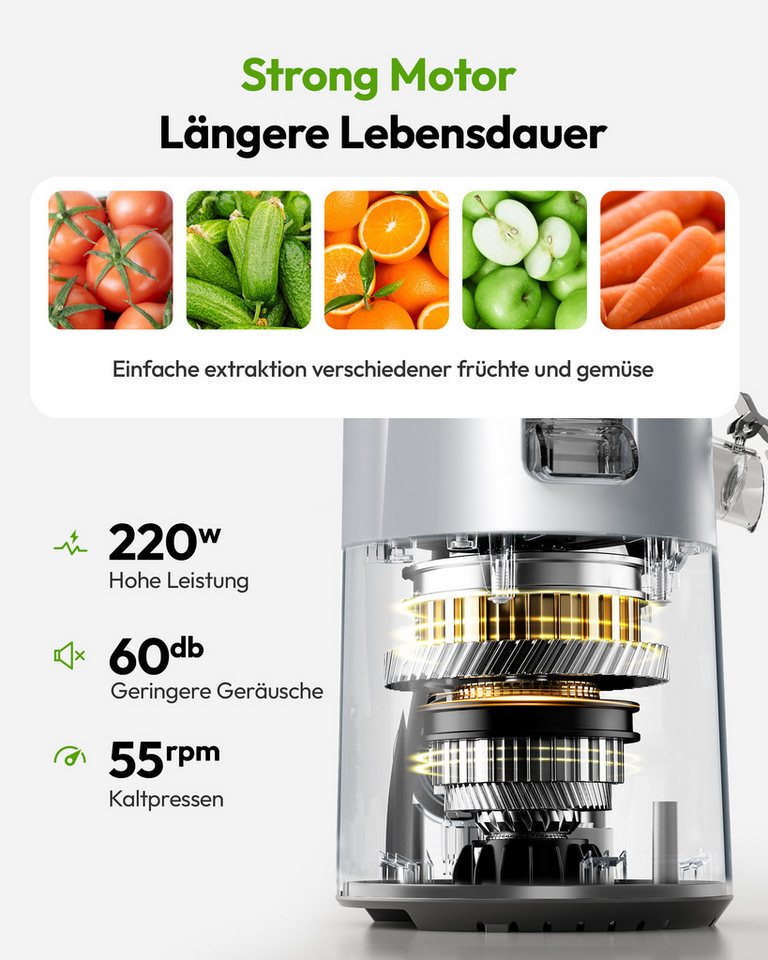 EUHOMY Slow Juicer mit 135MM Breite und Größere Fütterungsröhre, 220 W, für Ganze Gemüse Obst - Leicht zu Reinigender Entsafter mit 2 Gläsern Bild 4