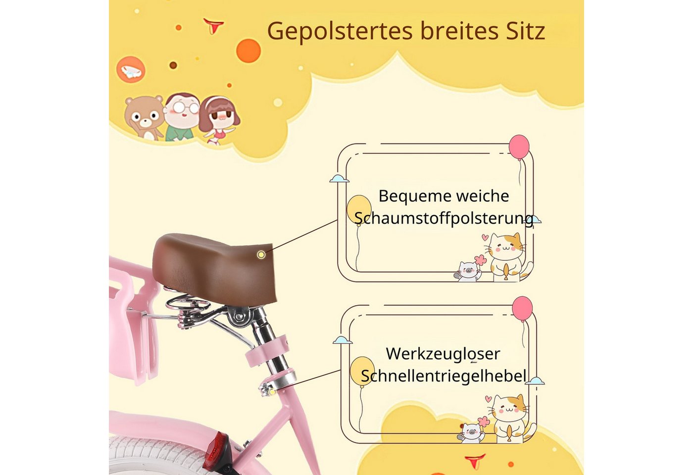 RULLY Kinderfahrrad Kinderfahrrad für Mädchen 2–7 Jahre, 12/14/16 Zoll, 1 Gang, Mit Korb, Puppensitz, Stützrädern, Schutzblech & Klingel